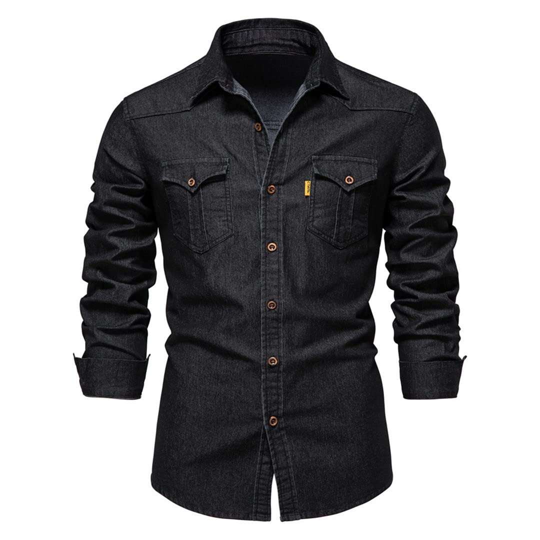 Camisas Vaqueras de algodón 100% para Hombre, Camisa Vaquera de Manga Larga de Color sólido Ajustada, Camisa de Primavera