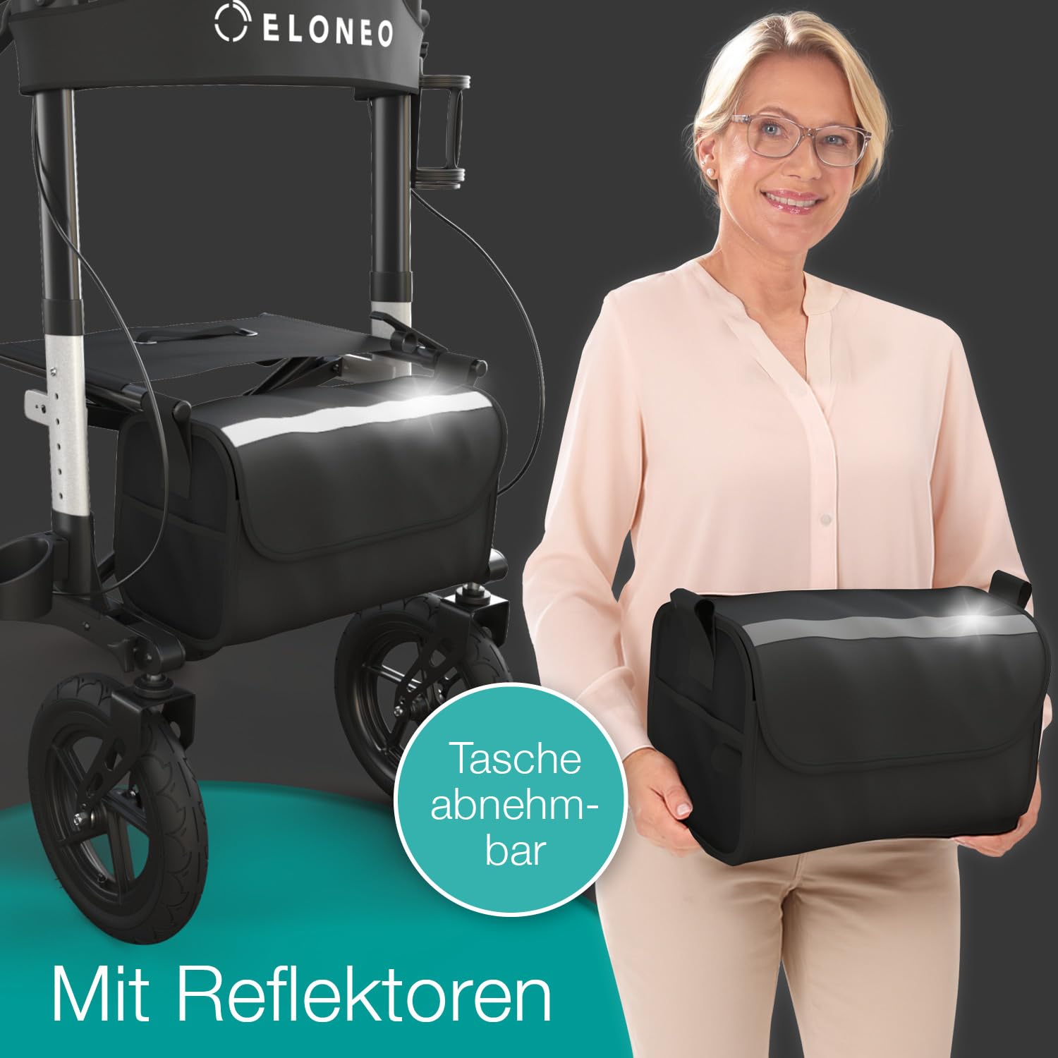 ELONEO Rollator faltbar und leicht mit Sitz, Outdoor Rollator mit Luftbereifung inkl. Sitzfläche, Rückengurt, höhenverstellbare Gehhilfe aus Aluminium inkl. Tasche und Stockhalter Silber