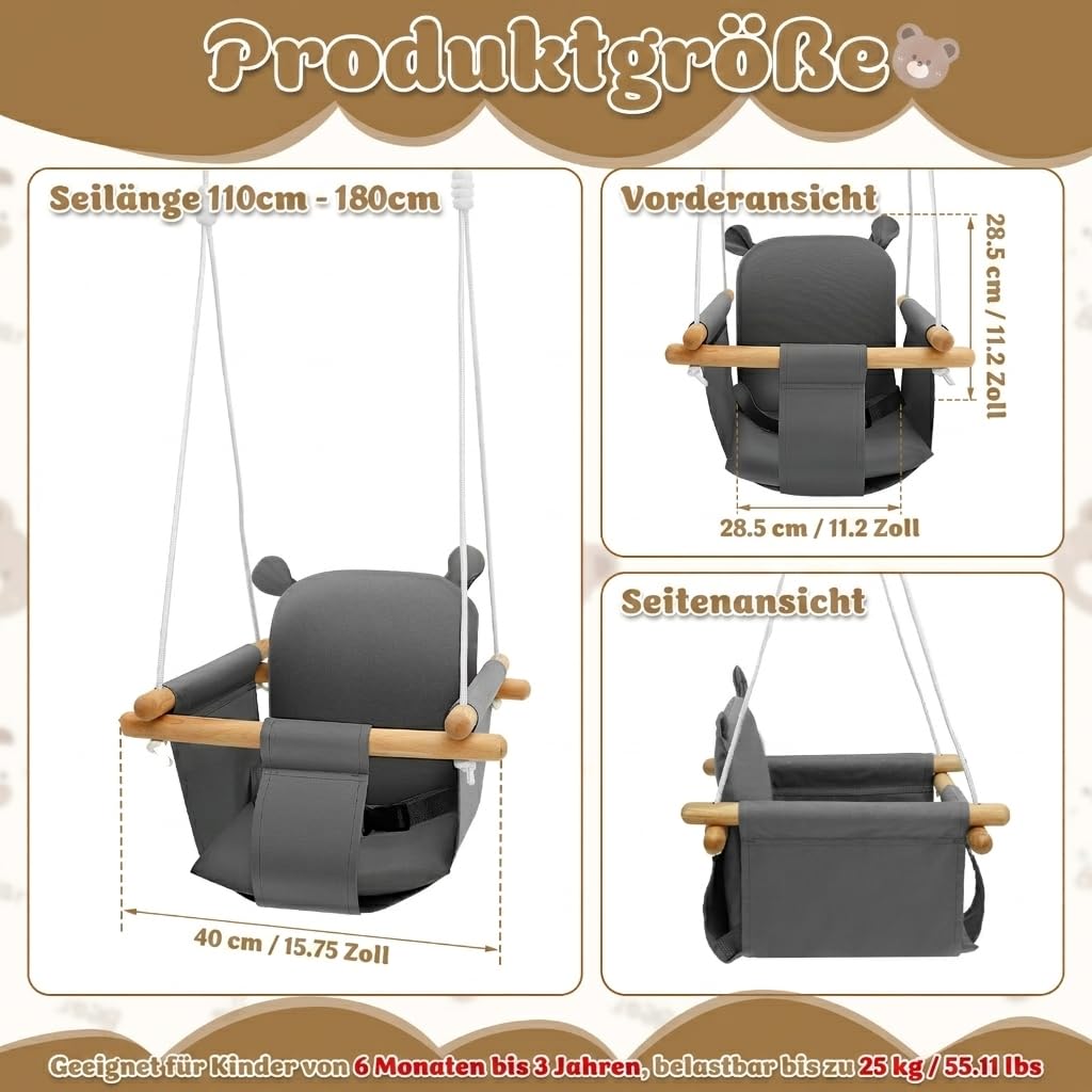 Babyschaukel Indoor bis 25kg Grau, Naturfaser-Mix