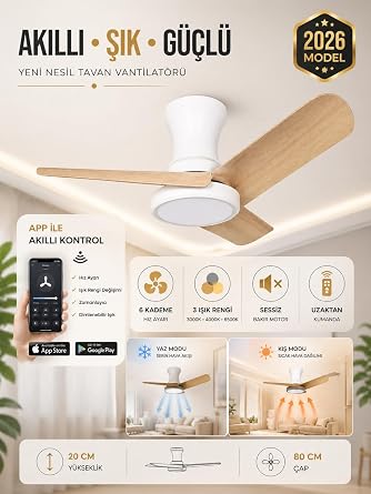 80 CM Akıllı Tavan Vantilatörü LED Aydınlatmalı | Kumandalı & Telefon Kontrollü, 6 Hız, 3 Işık Rengi, Yaz/Kış Modu, Sessiz Motor (Beyaz Meşe) [Enerji Sınıfı A+]