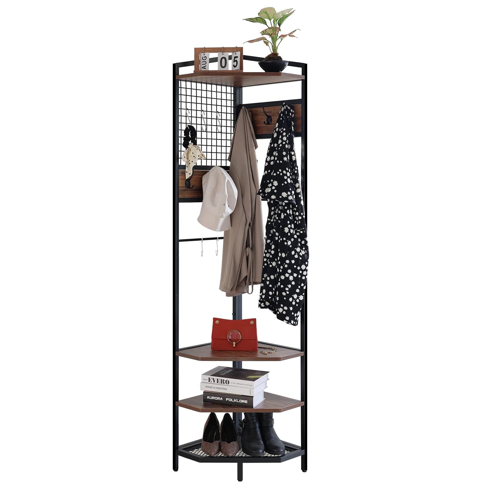Corner Hall Tree, Coat Rack with Shoe Rack and Storage Shelf, Entryway Corner Organizer Coat Rack Freestanding for Home (Brown)