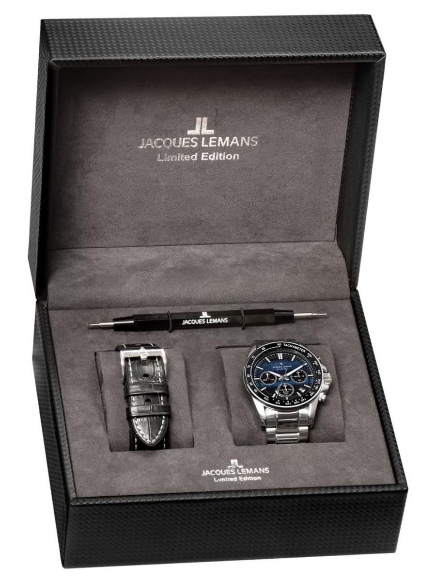 JACQUES LEMANS 50-10B Solar Chronograph Limited Edition zegarek męski 42 mm szkło szafirowe 10 ATM bransoletka ze stali nierdzewnej kolor srebrny ze skórzanym paskiem