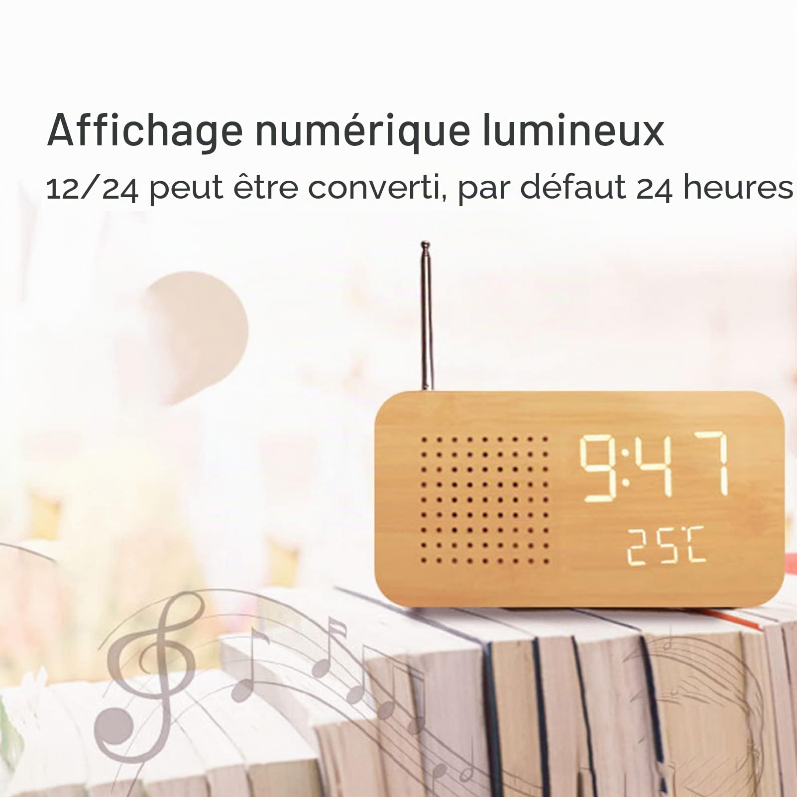 Radio-réveil, Radio de Chevet rétro multifonctionnelle Radio-réveil en Bois Haute définition Grand écran Radio-réveil à Affichage numérique