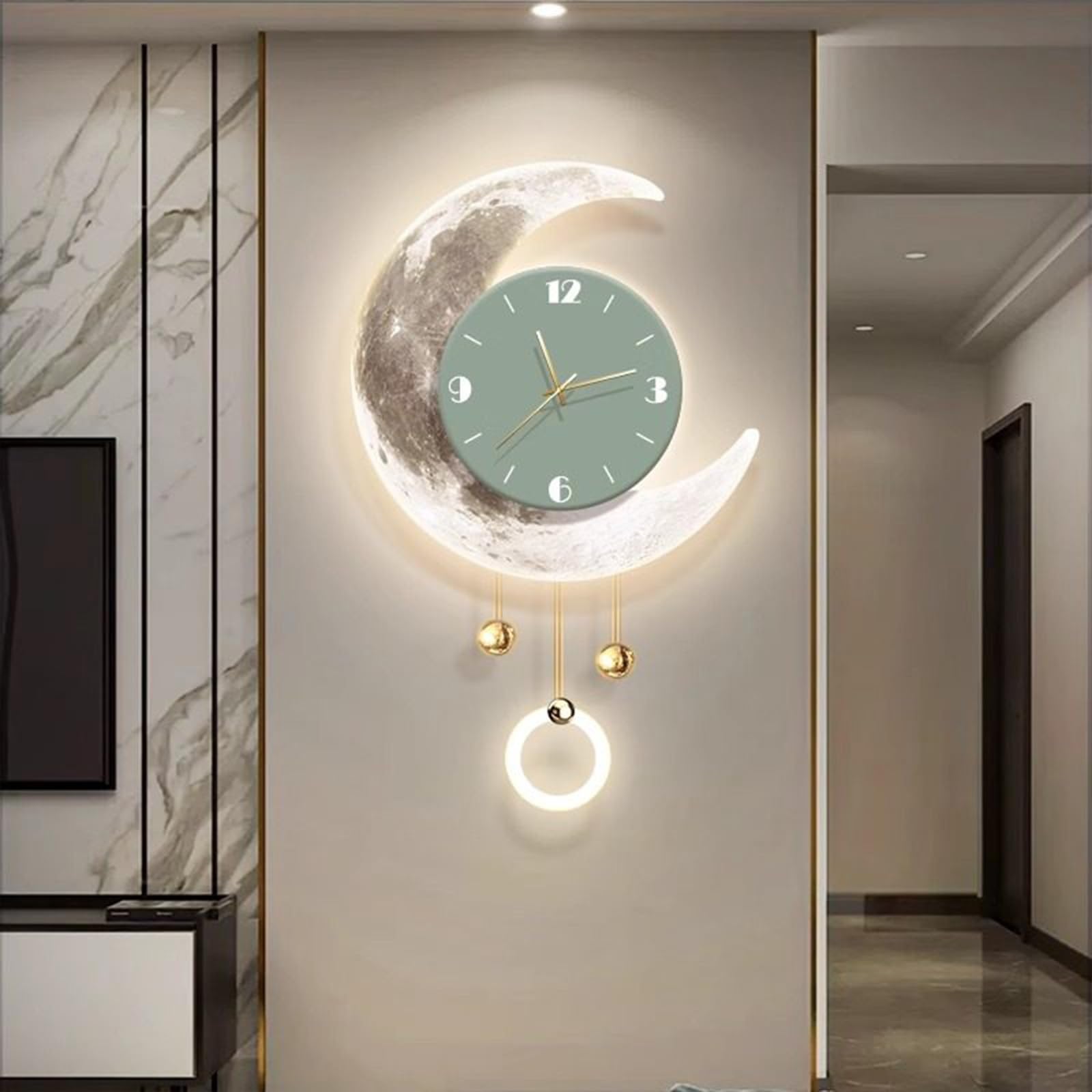 MESCXTY Moon-Shape Decorative Wall Clocks with LED Light, 3D Decor Clock, Hanging Clock Painting for Entryways, Living Rooms, Hallways(Green,31.5 * 19.7in)