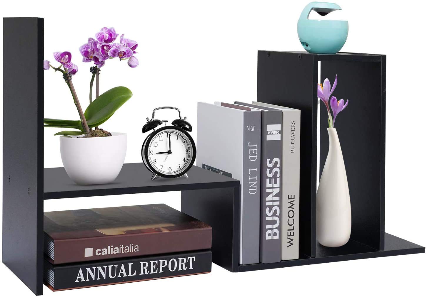 Hossejoy - Estantería ajustable de madera, organizador de almacenamiento de escritorio expansible, estante de exhibición, suministros de oficina, organizador de escritorio, negro