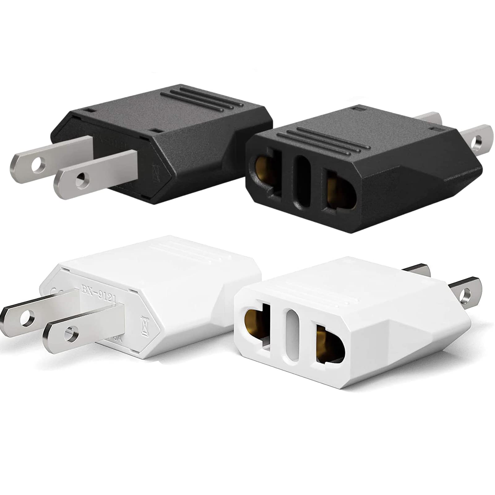 US/CA Travel Adapters, 4 Pack (White 2 + Black 2) of EU European to US/CA Plug Adapter-Type A, Universal Power Jack Wall Plug Travel Essentials from Europe/Asia to USA/Canada