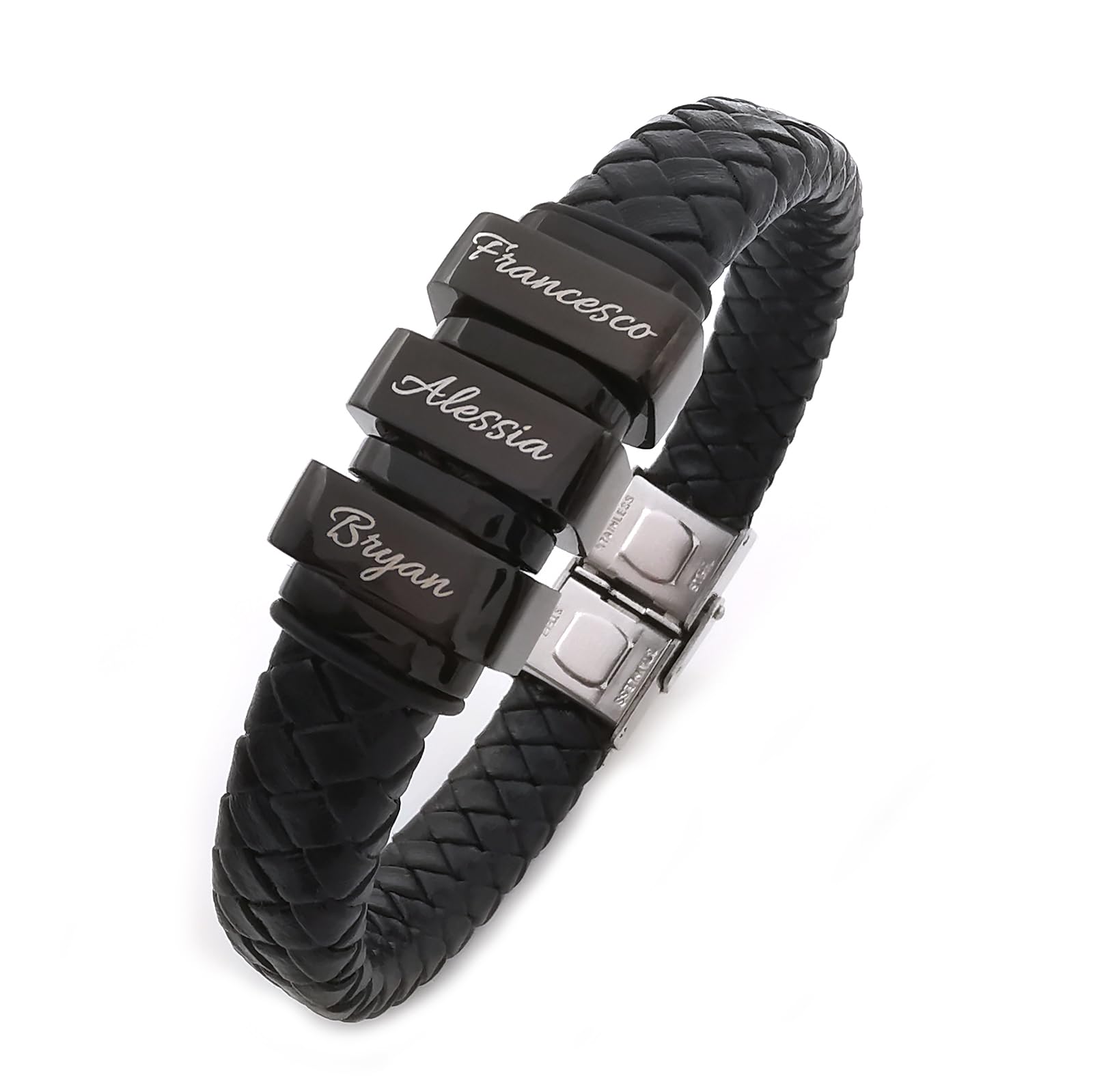 ALMENDRA Bracciale uomo personalizzato pelle festa del papà personalizzabile con incisione nomi figli acciaio nero simil pelle