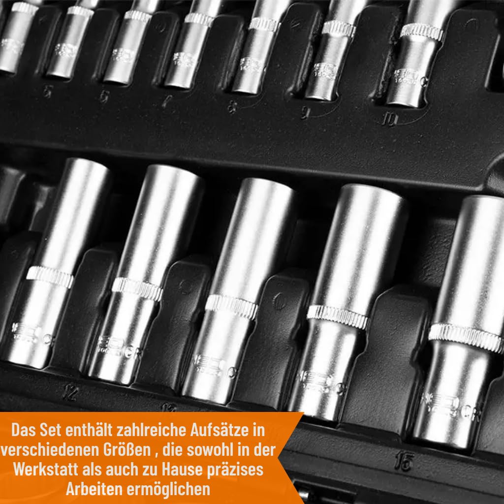 NEO TOOLS Zestaw Kluczy 216 Elementów 1/2", 3/8", 1/4" w Wytrzymałej Walizce | Klucze Nasadowe, Wkrętaki, Imbus, Grzechotki | Kompletny Zestaw do Warsztatu, Garażu, dla Majsterkowicza