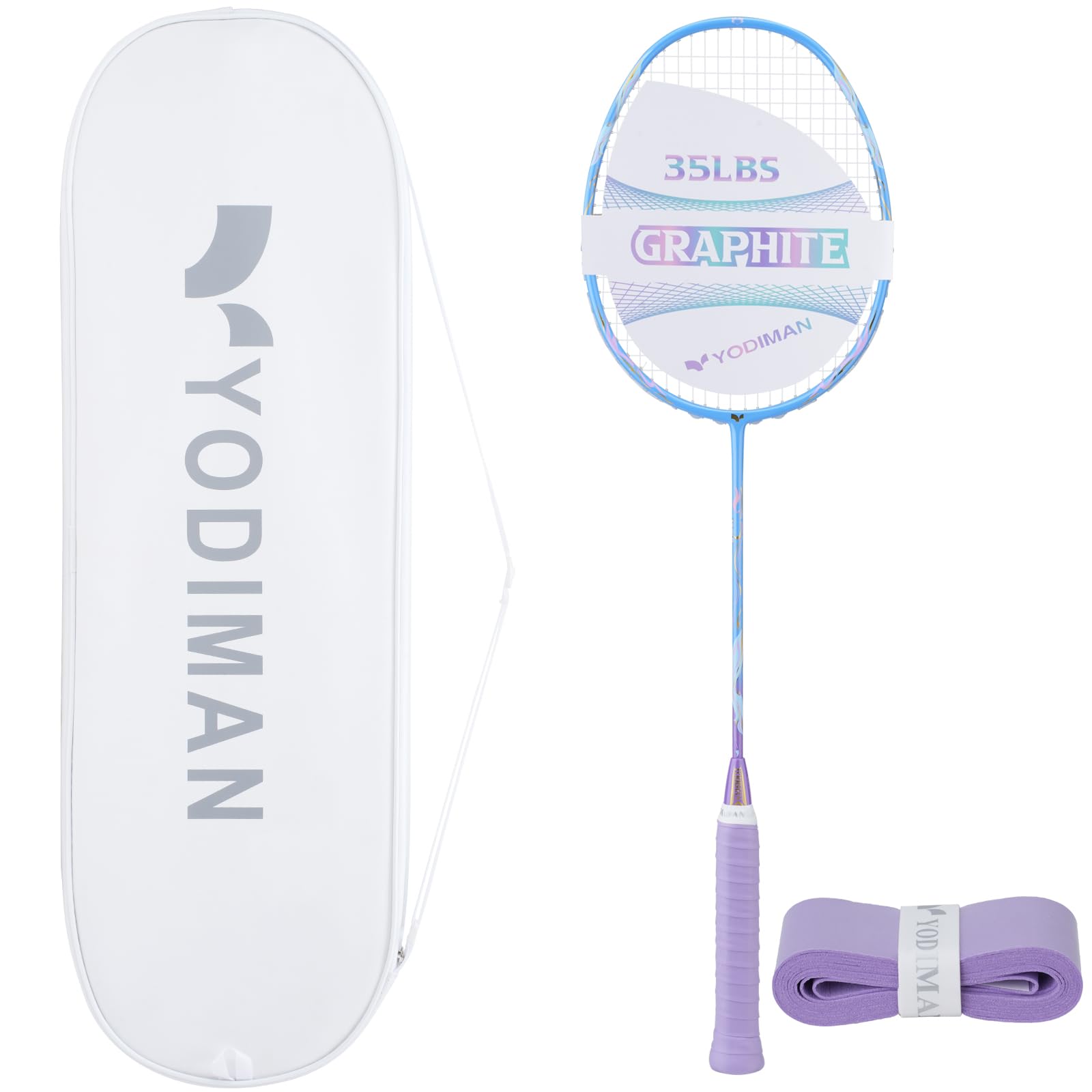 YODIMAN Single Professional Badminton Racket for Advanced Players - 50T Graphite Carbon Fiber with Aerodynamic Frame, Pre-Strung 26lbs, Ultra-Light 5U