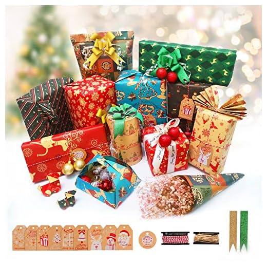 Papel Regalo Navidad, KAPBOP Papel de Regalo Kraft Navidad 10 Hojas, Reciclable Papel de Regalo Rollo Grande, Con Etiquetas Regalo, Cinta de Navidad, Cuerda Algodon 70 cm x 50 cm