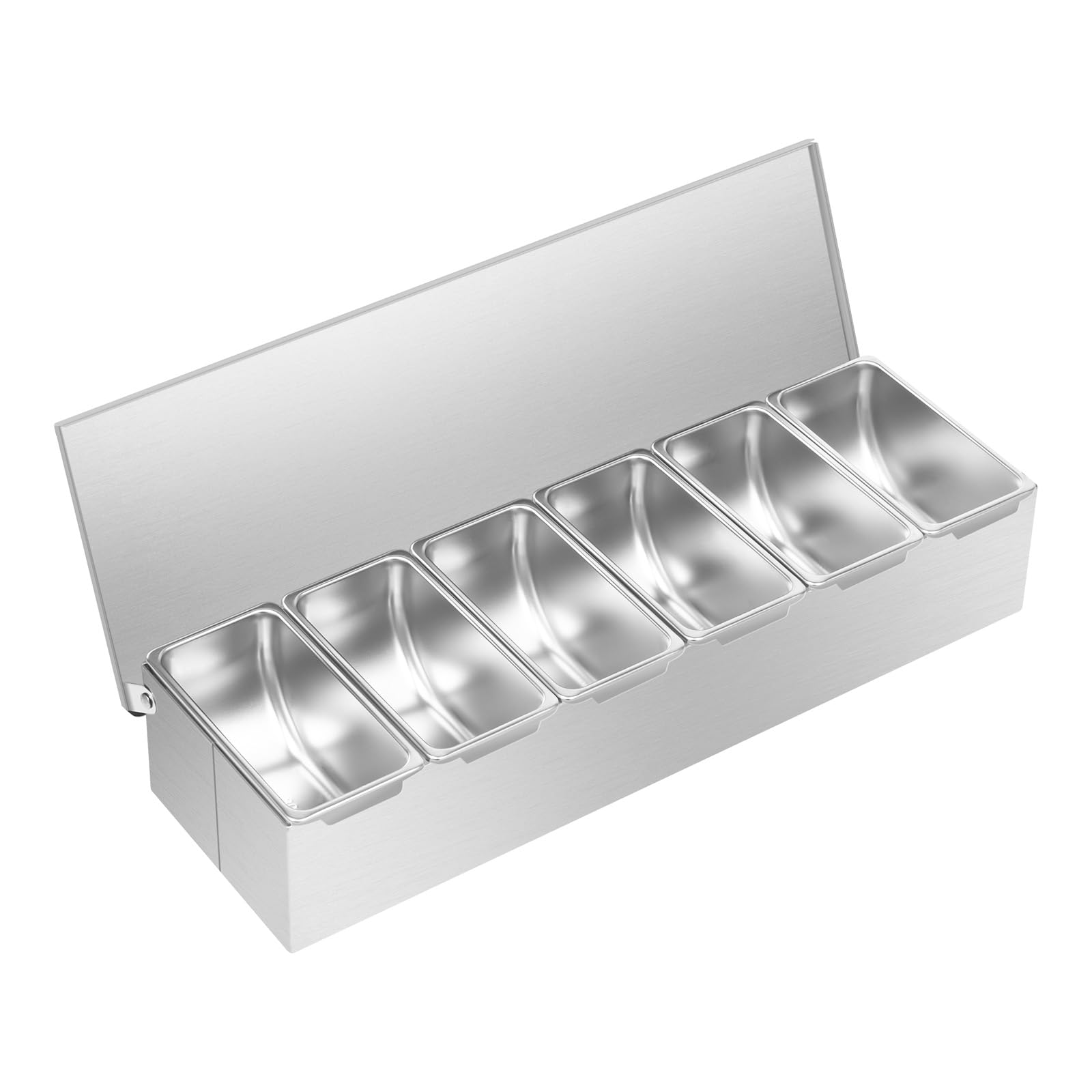Boîte à épices à 6 grilles en acier inoxydable avec 6 compartiments de nettoyage amovibles pour buffet, bar à salade, restauration, station à pizza