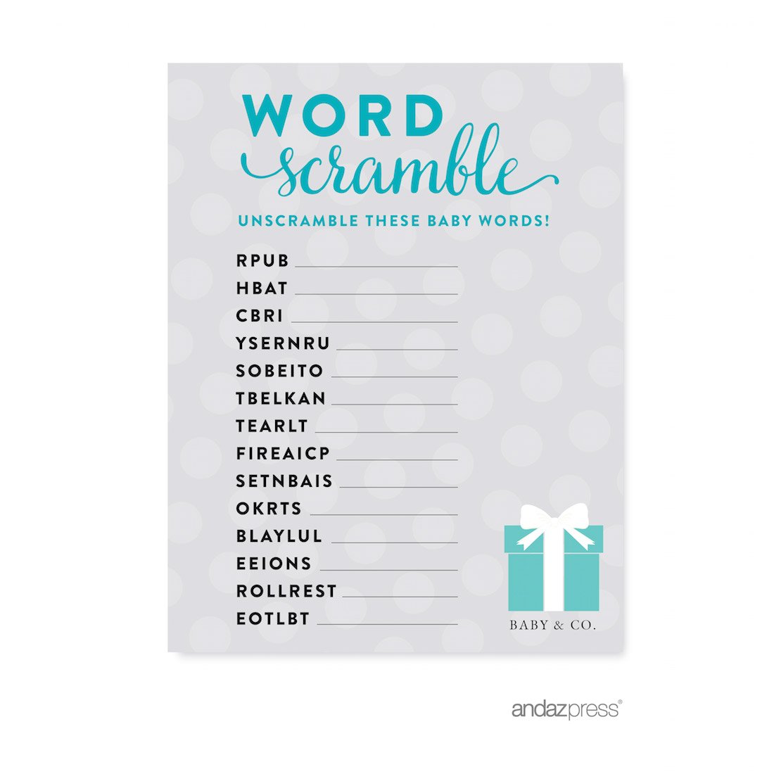 Andaz Press Baby & Co. Baby Shower Collection, Word Scramble Game Cards, 20-pack