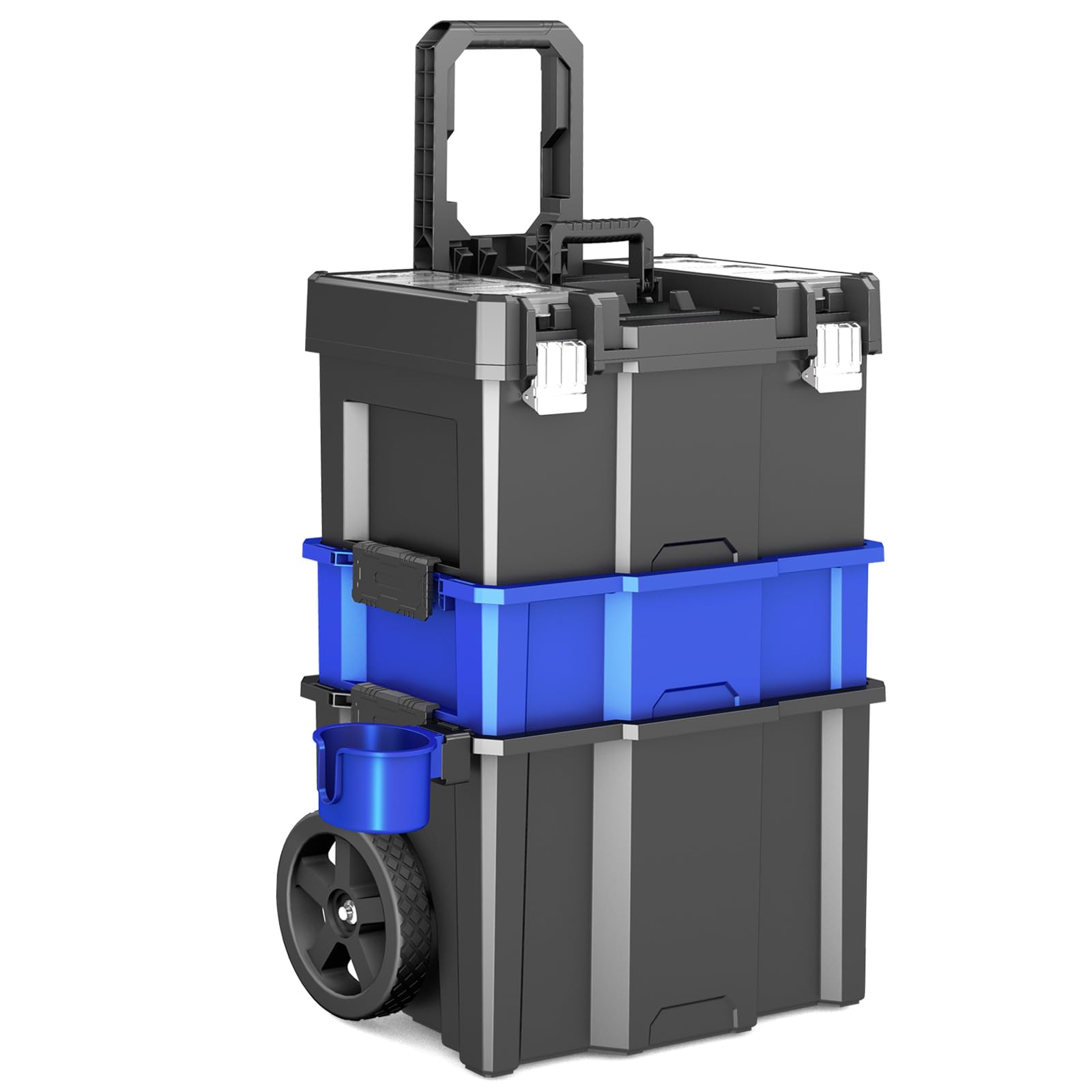 Rolling Tool Box on Wheels | 3 Tier Portable Stackable Storage Boxes| Garage Storage Tool Organiser| Tray Toolbox | with Removable Cup Holder | 20” W×12” D×35” H