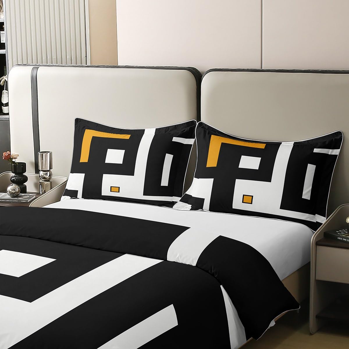 Geometric Bedding,Modern Stripes Square Grid 100% Cotton Duvet Cover King,Black White Orange Graphic Comforter Cover for Kids Boys Girls Abstract Creative Art Bed Sets with 2 Pillowcases - Image 4