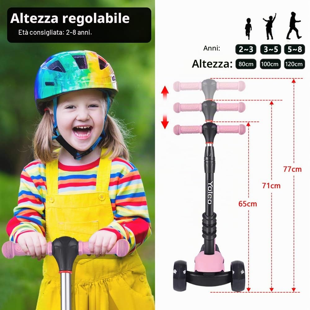 YOLEO Monopattino per Bambini 3-in-1, Monopattino 3 Ruote Lampeggianti in LED, Kids Scooter, Con Sedile Estraibile/Monopattino Bambini 2 a 8 Anni, Carico Massimo 50 Kg, Regalo per Bambini