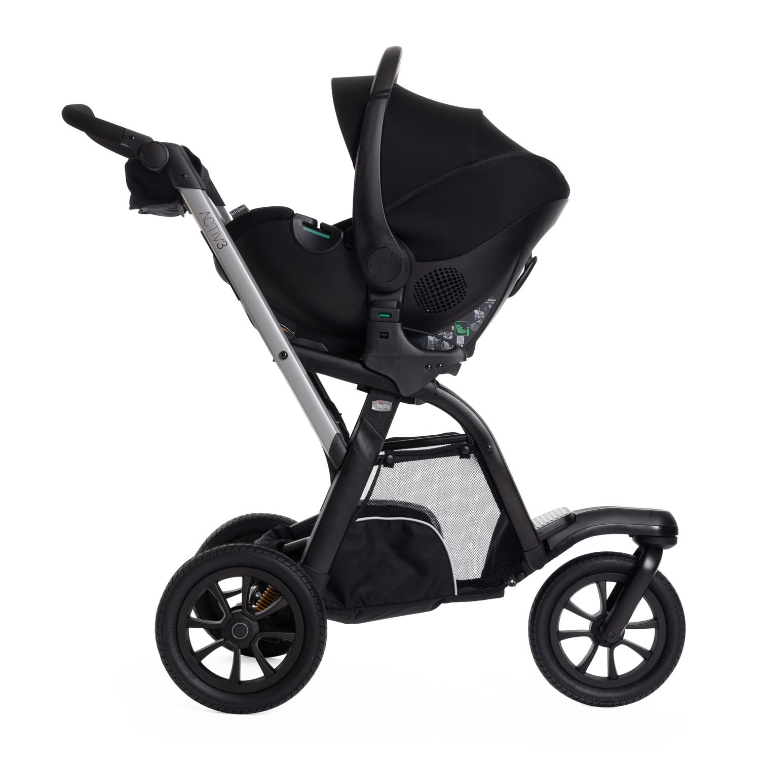 Chicco Poussette Activ3 à 3 roues, fonctionnelle et facile à manœuvrer sur tous les terrains, siège spacieux, dossier inclinable, fermeture pratique et rapide, amortisseurs réglables, 0 mois+, Ébène
