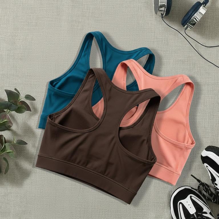 Image of BOLD & BEAUTY Women Cotton Blend Sports Bra with U-Neck, Racerback Style and Regular Straps for Workout, Yoga & Training (Pack of 3)