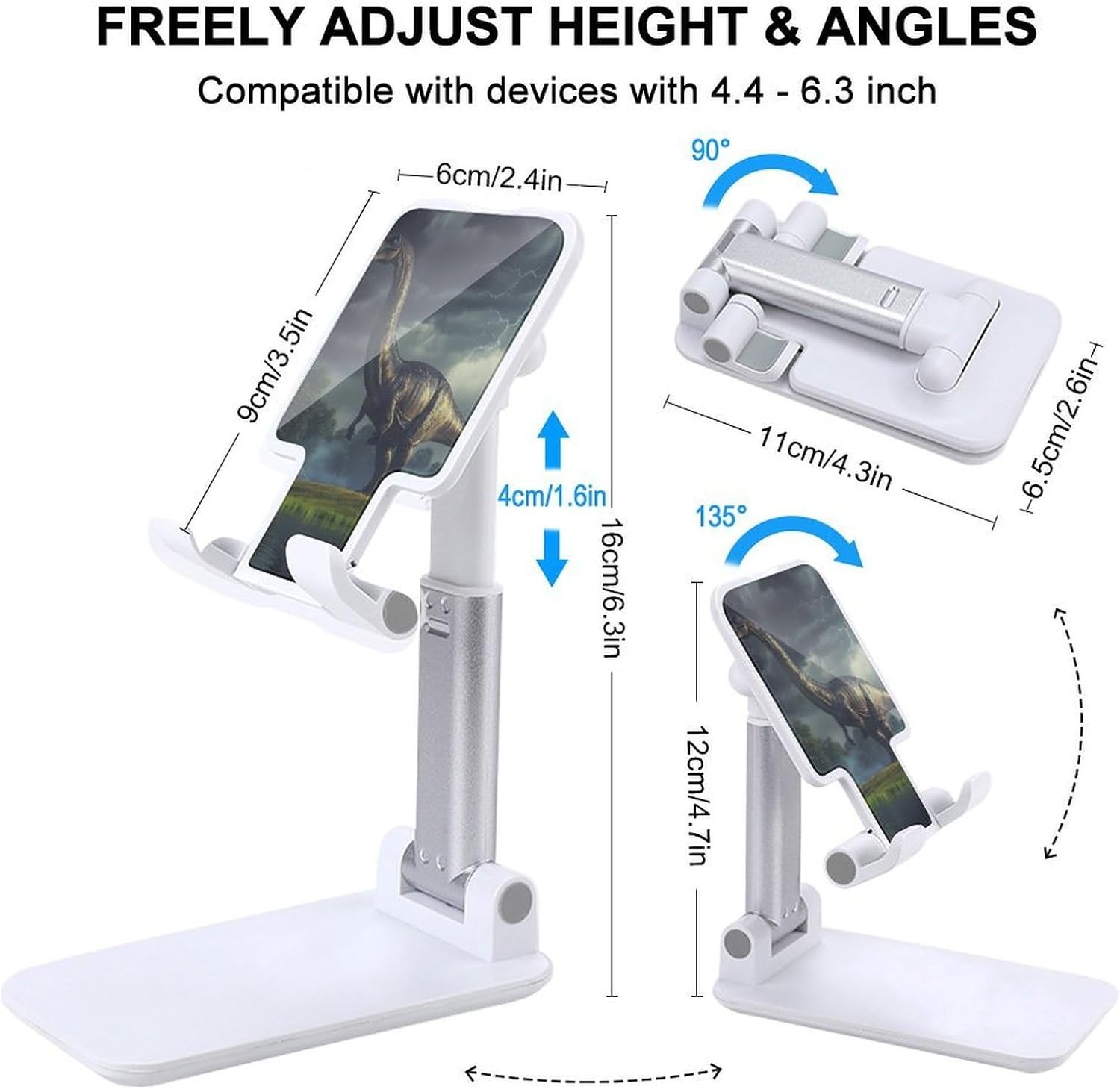 Diagram showing adjustable height and angles of the phone stand