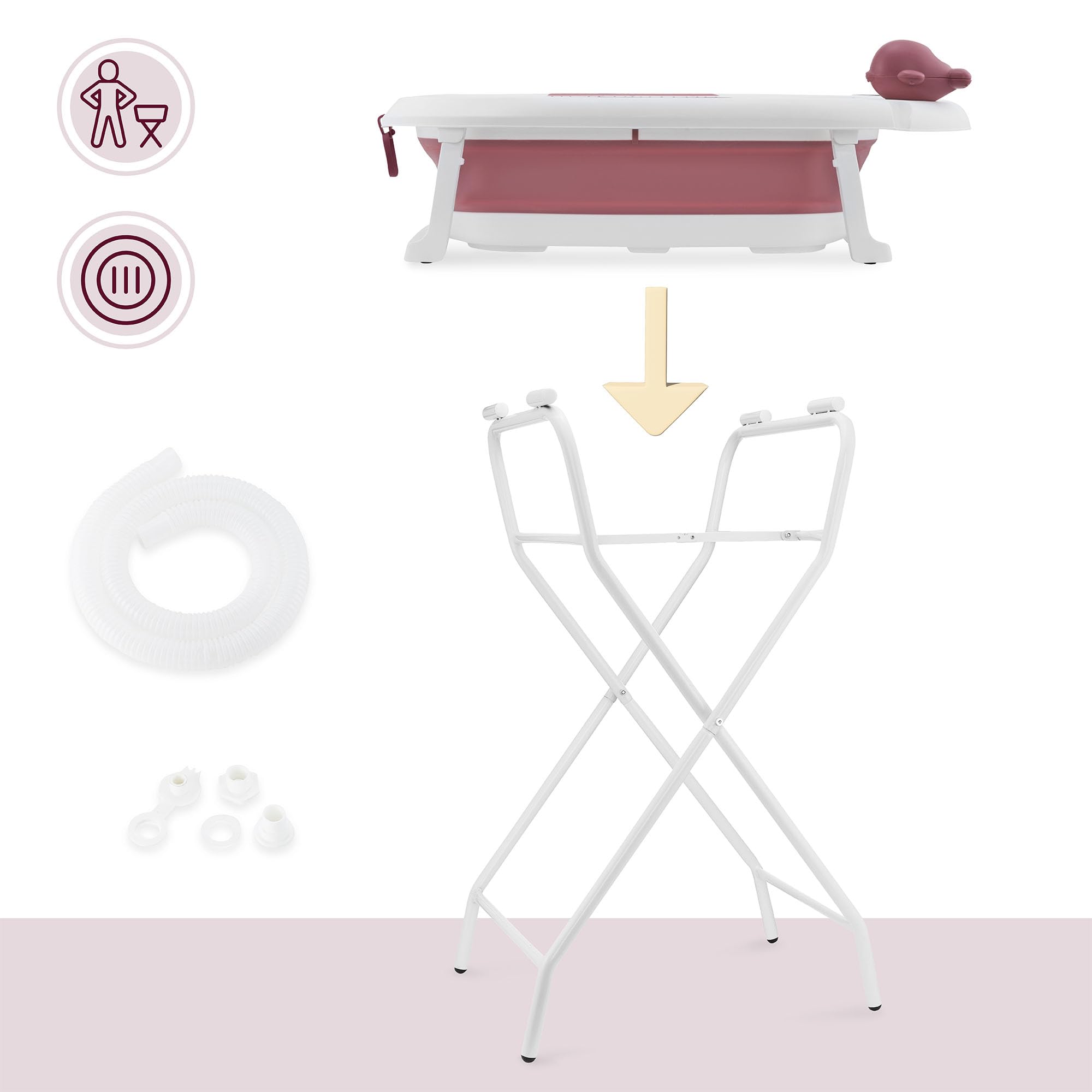 Moby-System Bañera Bebé Plegable con Termómetro LCD Incluye Inserto Soporte Alto y Bajo Vasito de Ballena – Compacta y Segura desde Recién Nacido – Rosa Empolvado