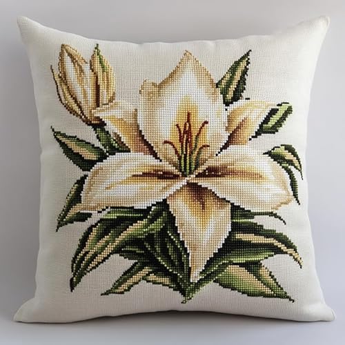 XDEGHUANGSS Kit DIY Artesanía de ganchillo, funda de cojín de sofá, 43 x 43 cm, funda de almohada bordada, conjunto creativo de lana para decoración de casa, flor de lirio