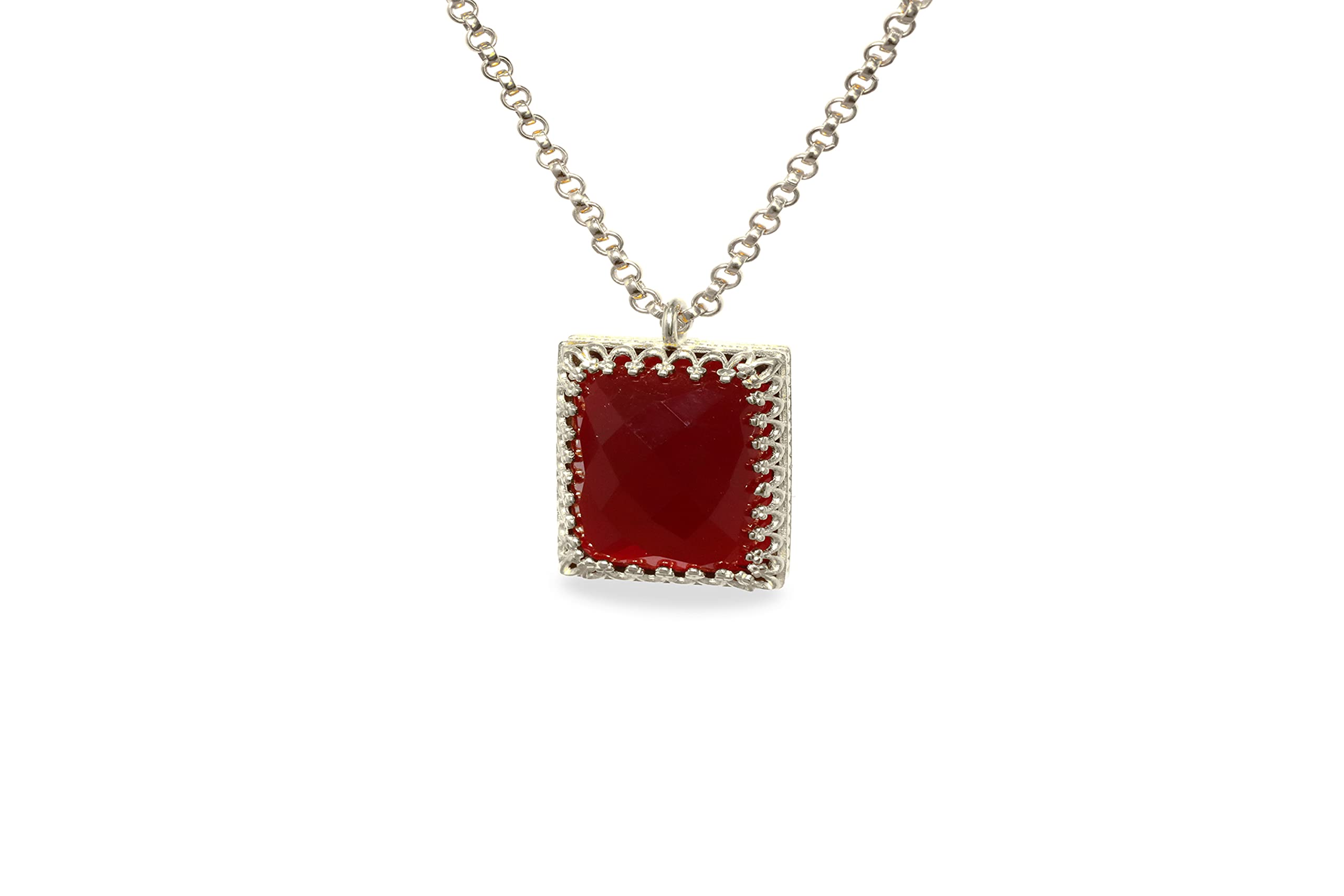 Radiosa Collana in Pietra Gemma di Granato - Elegante Rosso, Collana con Ciondolo di Taglio Quadrato - Bene Inciso Gennaio Pietra di Compleanno Collana per Donne - Chic Gioielli di Fascino alla Moda