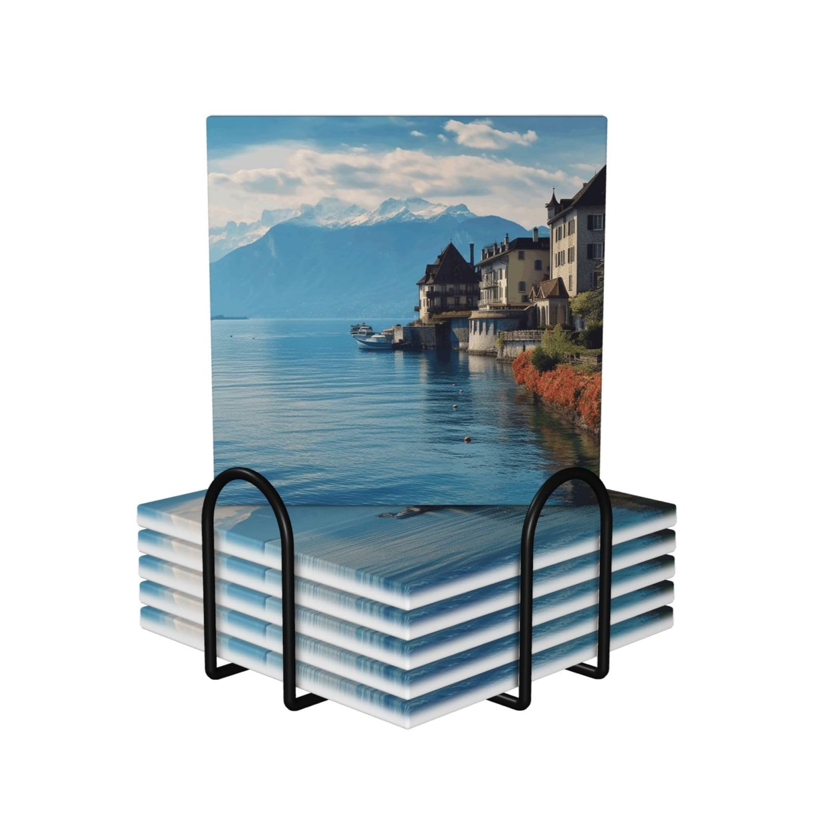 Dessous de verre en céramique lot de 6 avec support absorbant motif lac Léman Suisse