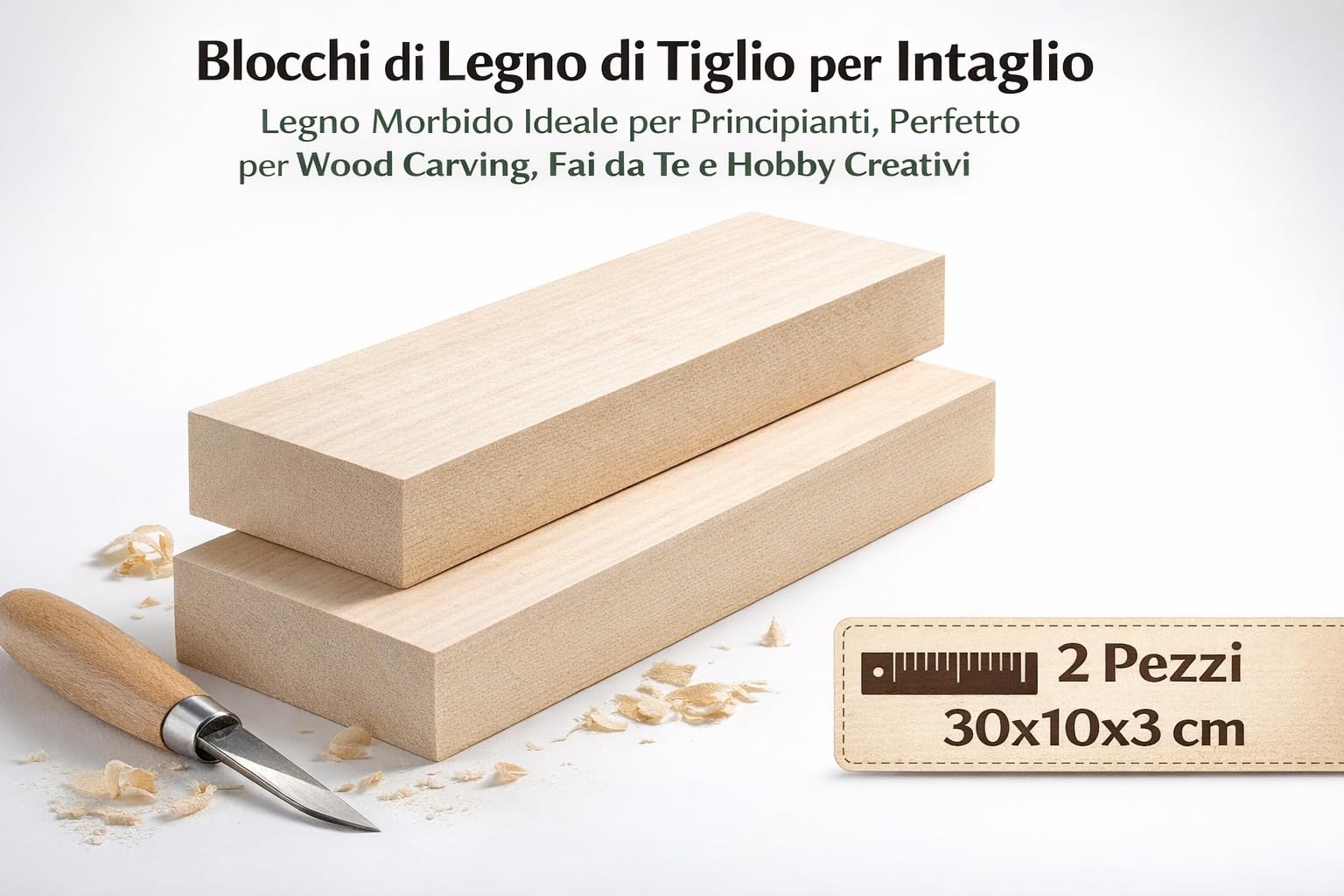 2 Blocchi Legno Tiglio per Intaglio (30x10x3 cm) – Legno Morbido per Wood Carving, Ideale per Principianti e Hobby Creativi