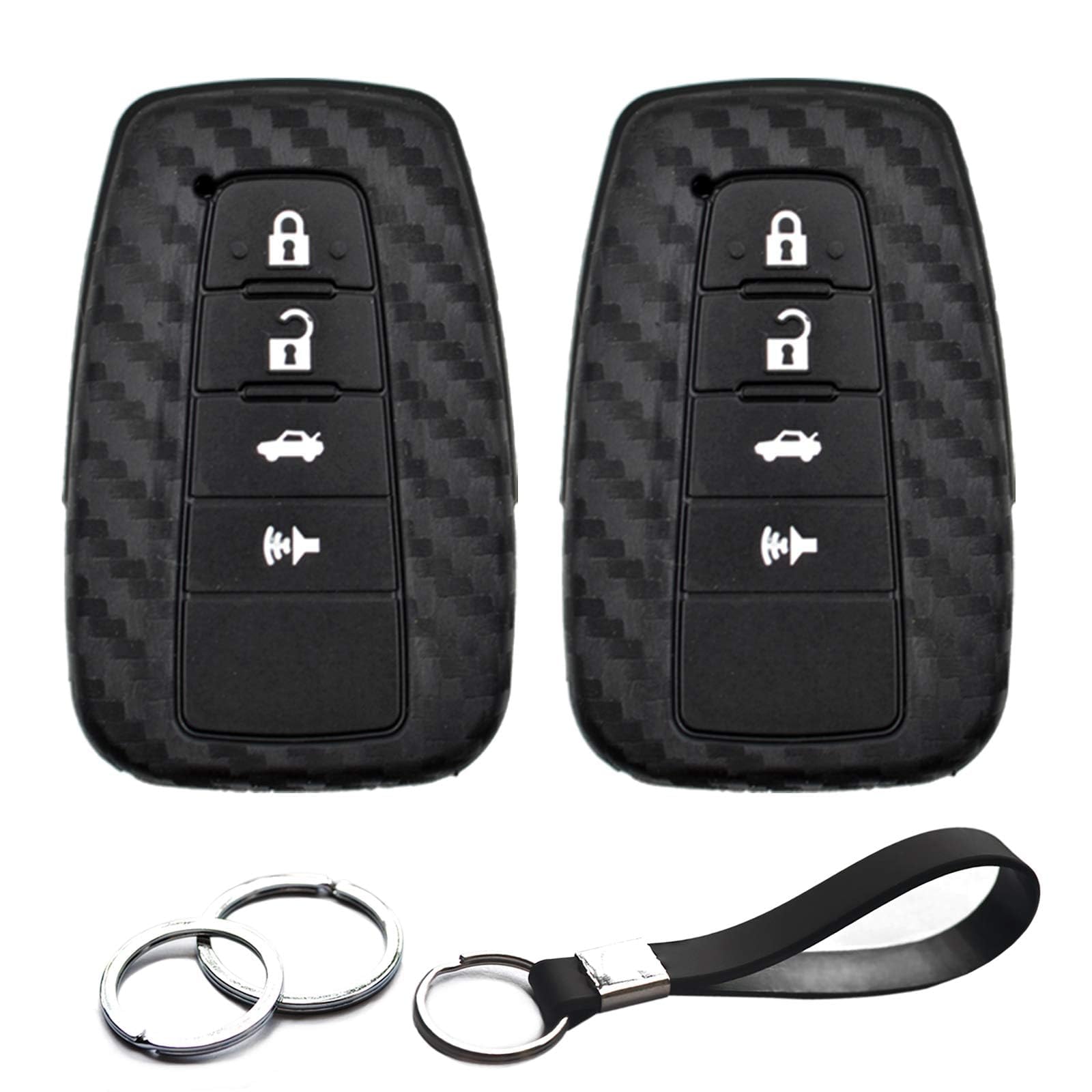 INFIPAR 2pcs Compatible with Toyota RAV4 Camry Highlander 4Runner Corolla Avalon Mirai Prius 86 C-HR Smart 4 Buttons HYQ14FBC Carbon Fiber Looks Key Fob Cover Case Key Chain Protector Holder