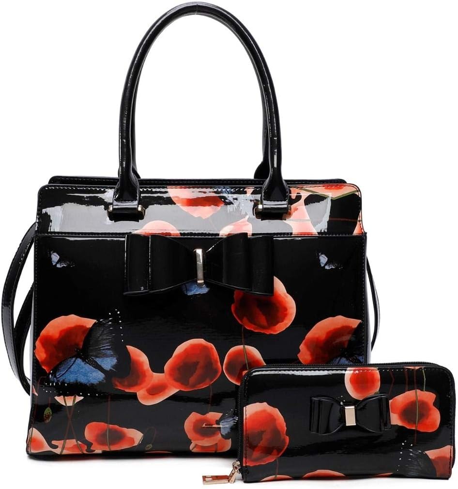 Craze LondonWomen's Patent Butterfly Print Shoulder Bag Shinny Bucket Shaped With Purse Set
