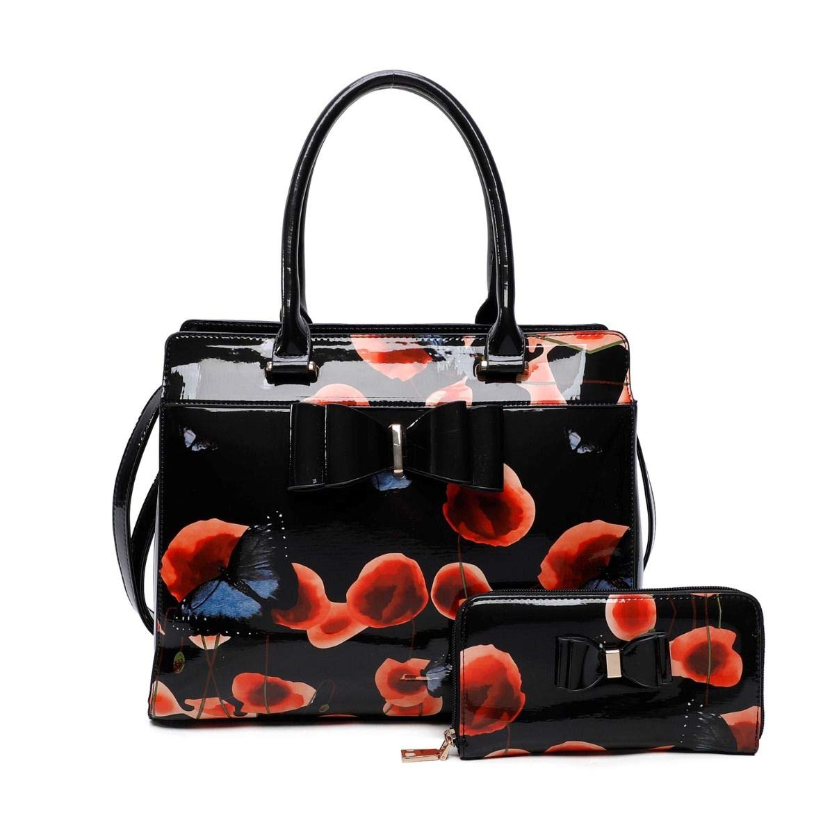 Craze LondonWomen's Patent Butterfly Print Shoulder Bag Shinny Bucket Shaped With Purse Set