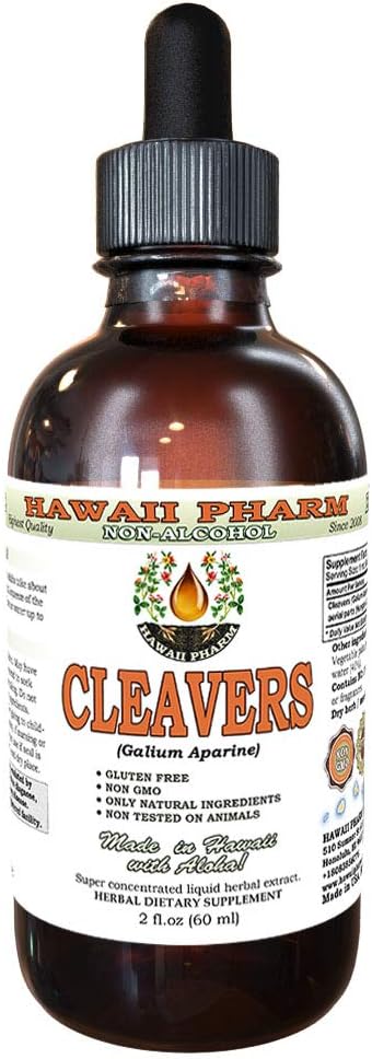 Hawaii Pharm Cleavers Alcohol-Free Liquid Extract, Organic Cleavers (Galium aparine) Above-Ground Parts, Organic Dried Glycerite Natural Herbal Supplement 2 oz