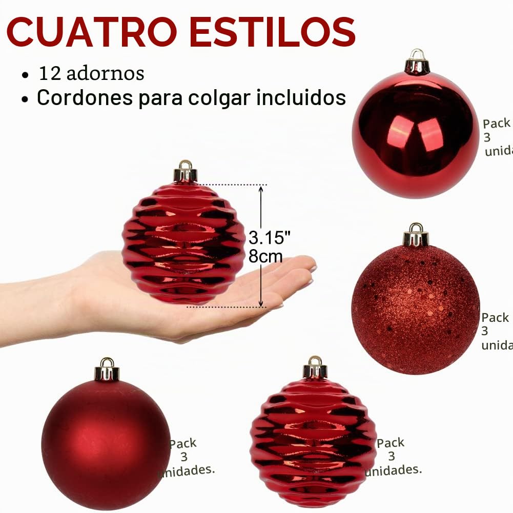 Oairse Bolas de Navidad rojas de 8 cm/3,15", 12 adornos de árbol inastillables con cuerdas para colgar, juego de decoraciones grandes para árbol de Navidad para bodas, vacaciones, fiestas, coronas