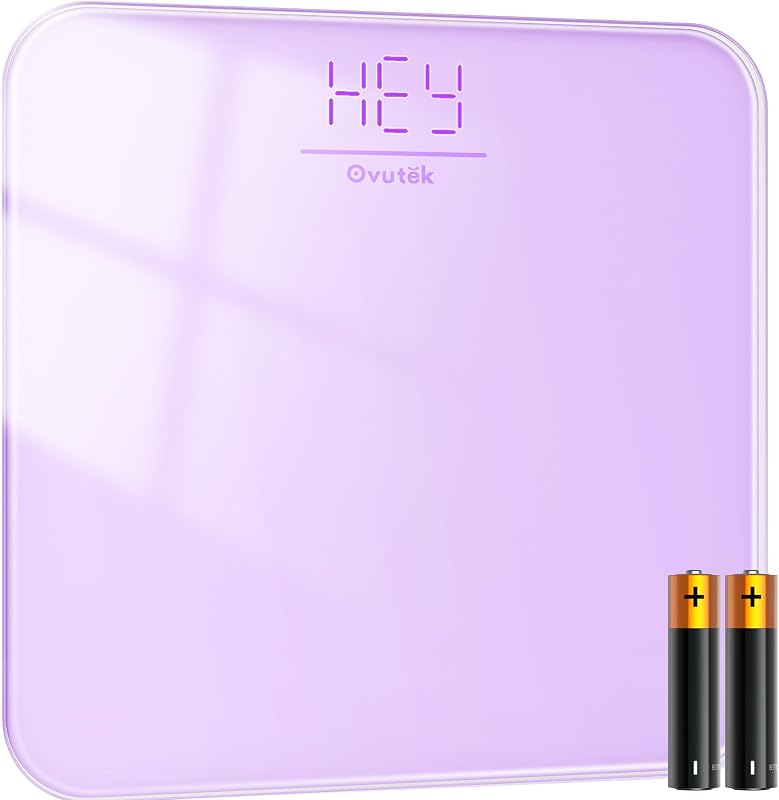 Bathroom Scale for Body Weight, 5mm Tempered Glass, 400lb | Highly Accurate Digital Weighing Machine for Families, Space Saving, LED Display, Batteries Included, Compact Size, Purple