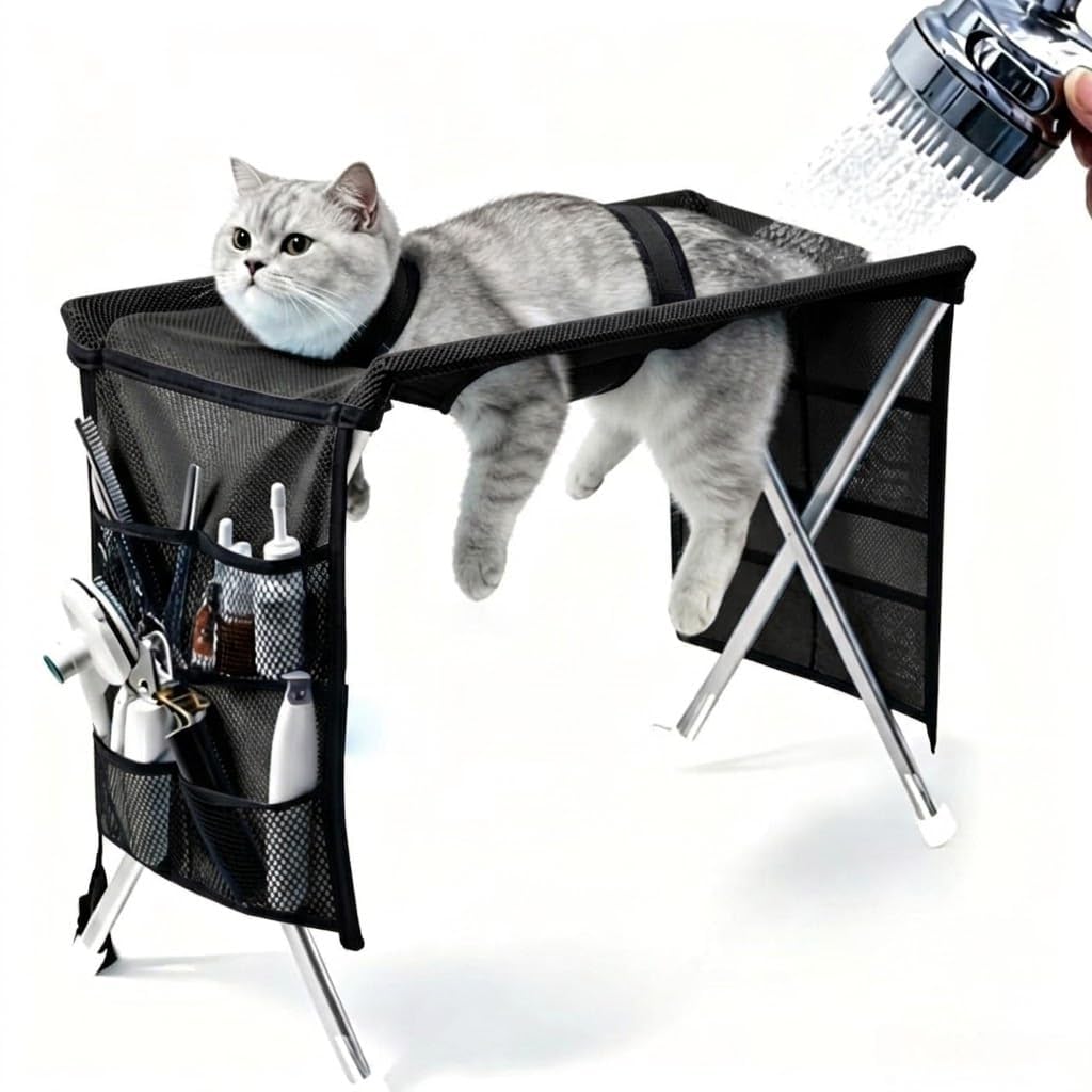 Foldable Pet Bathing Stand, 2-in-1 Dog Bath Holder with Breathable Mesh Sling and Adjustable Restraint Straps, Portable Grooming Bed for Small Dogs and Cats Washing, Nail Trimming，Black