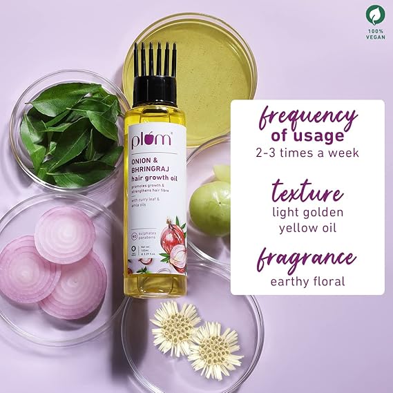 Plum Onion Hair Oil For Growth With Bhringraj, Curry Leaf And Amla Oils | For All Hair Types| Sulphate Free Paraben Free | 100% Vegan | Promotes Growth 3.38 Oz