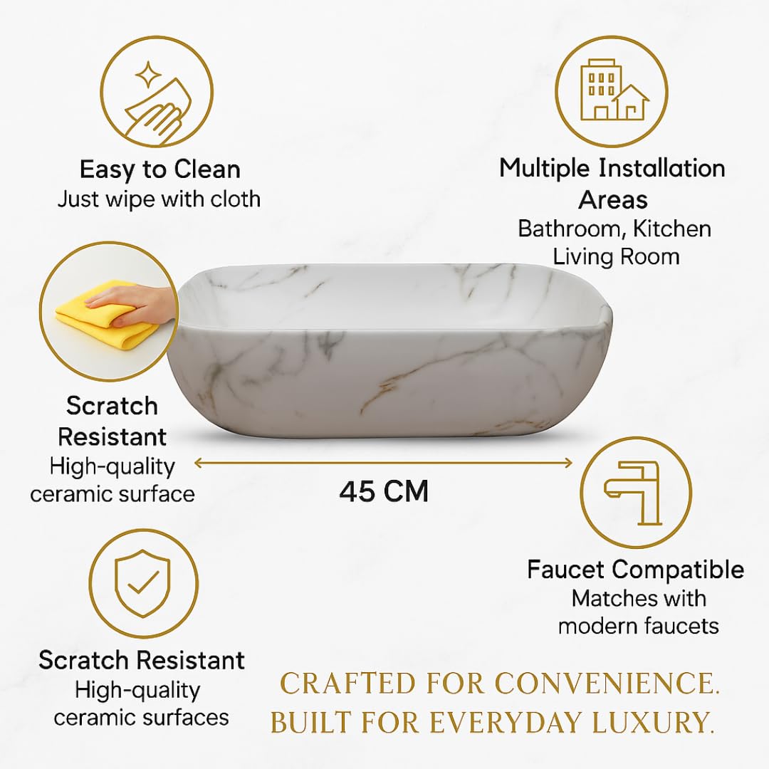HISRE Table Top Wash Basin For Bathroom | Over Counter Top Wash Basin For Living Room | Washbasin Countertop | Tabletop Ceramic Bathroom Kitchen Sink (45 x 33 x 13 CM) (White - SKT1034) 3