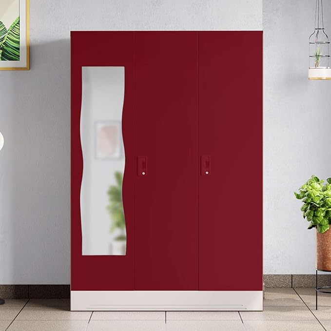 Interio by Godrej Almirah Slimline 3-Door Steel Almirah, Cupboard for Clothes (Textured Caremine Red), 1-Year Warranty, 6 Shelves, 1 Locker, 2 Drawers, Curvilinear Mirror
