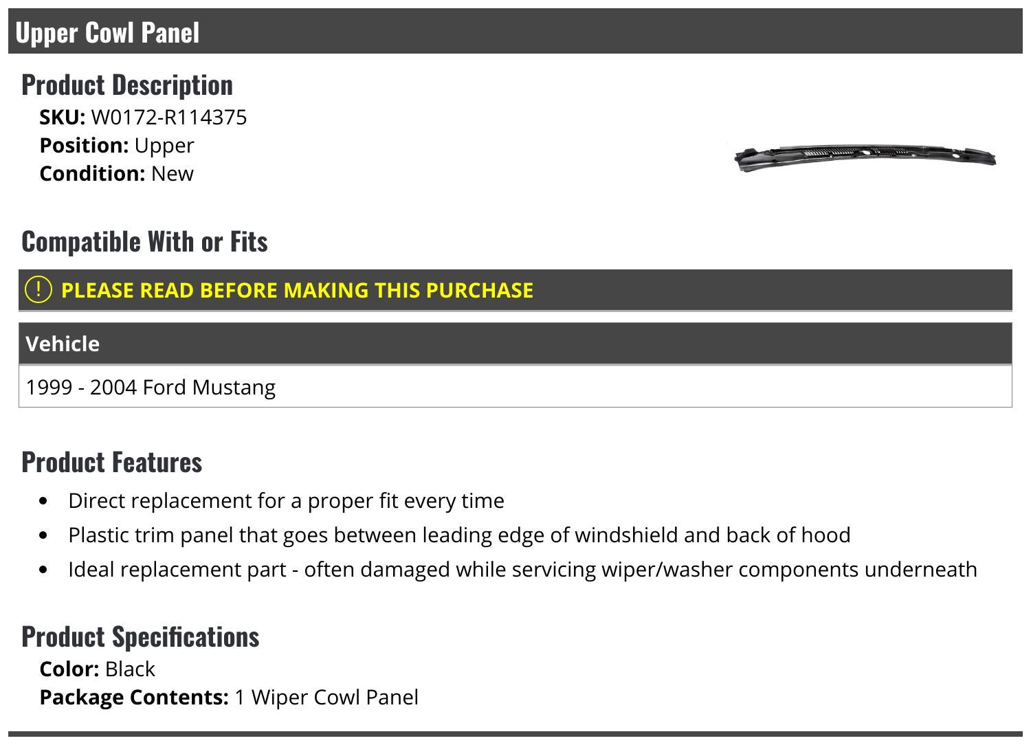 Upper Wiper Cowl Panel - Black - Compatible with 1999-2004 Ford Mustang