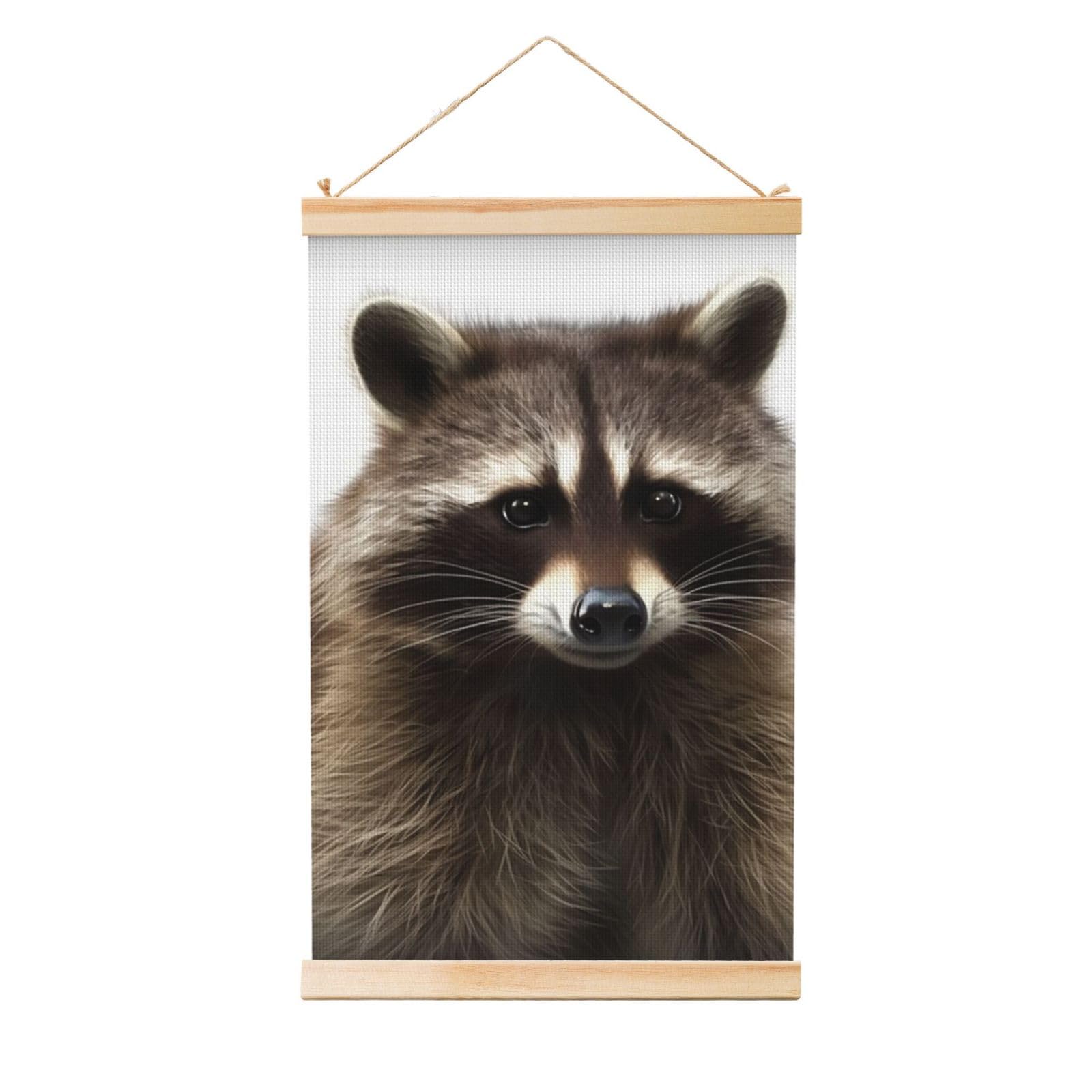 Hairy raccoon Poster Wooden Shaft Hanging Poster Wall Hanging Banner Canvas Artwork with Wood Frames 36"x24" Modern Artwork Decor Ready to Hang Wall Art for Home Decor Scroll Painting