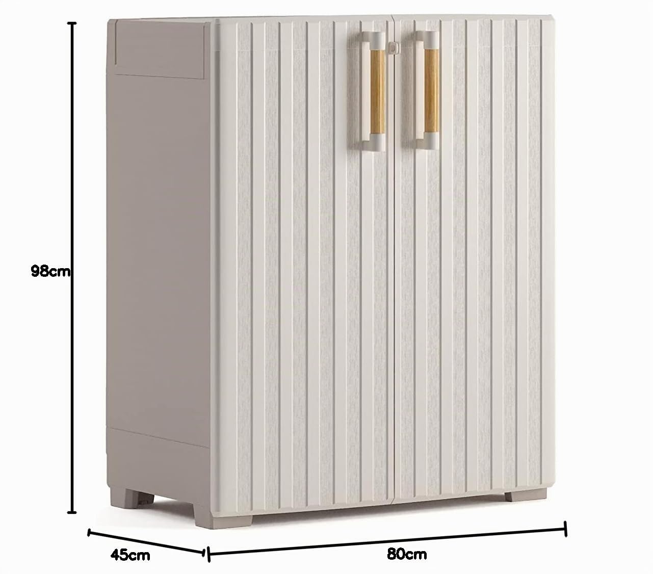 Keter Armoire Groove Faible - 80 cm x 98 cm x 45 cm - Beige - Étanche - Étagères renforcées - Poignées en bois - Pieds réglables - Cadenas - Résine recyclée - Multi-pièces - Extérieur et polyvalent