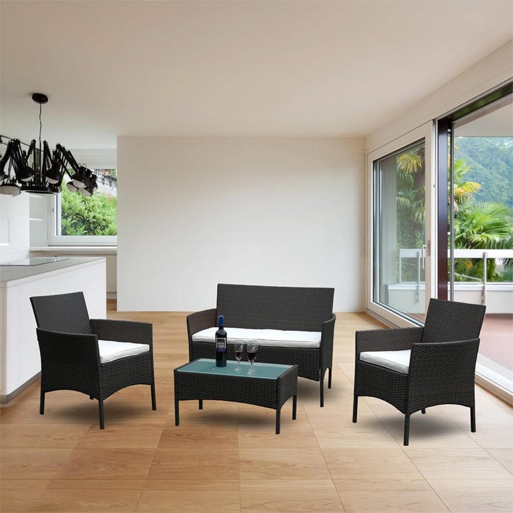 Mediawave Store - Set Divano da Esterno WATAMU 4 Posti in Polyrattan Nero, Salotto da Giardino con Tavolino e Cuscini Sfoderabili, per Terrazzo e Patio Resistente ai Raggi UV