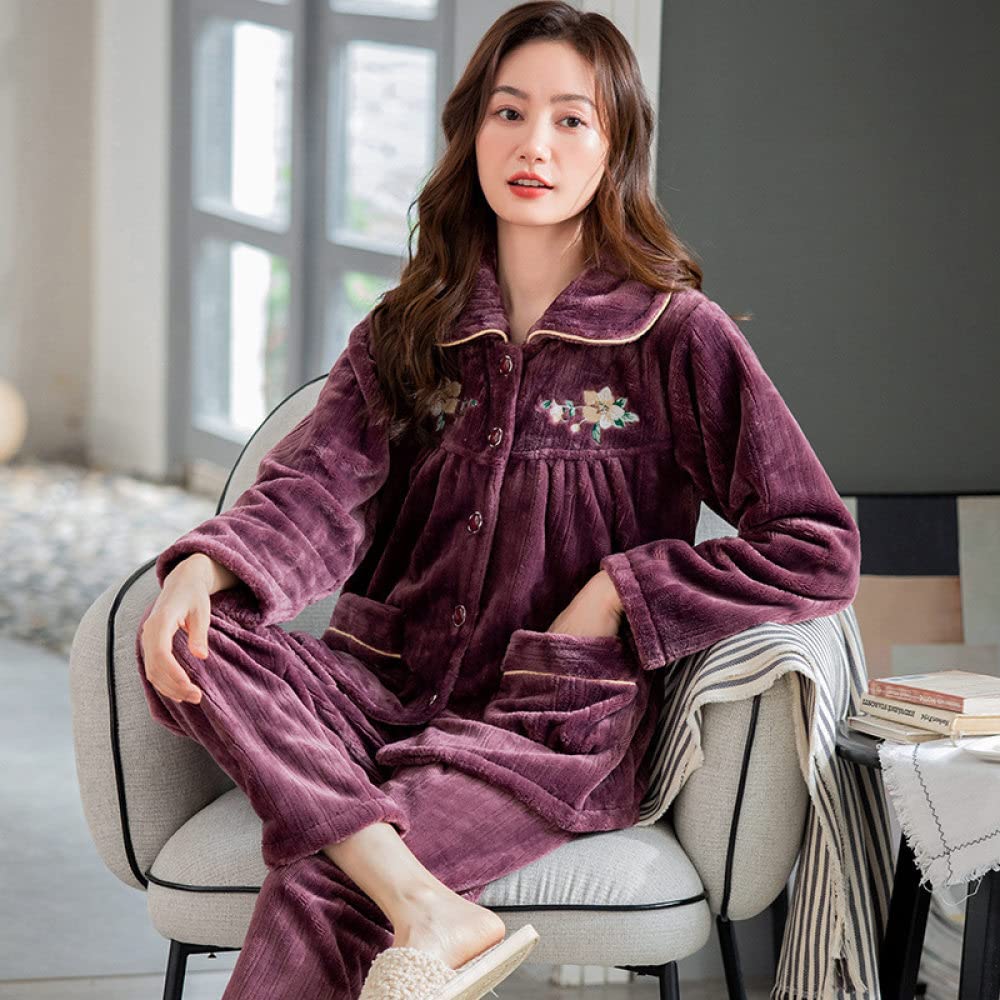 Schlafanzüge Für Damen,Damen-Winter-Flanell-Pyjama-Sets Vintage Lila Revers Floral Bestickte Knopftasche Weich Kuschelig Warm Langarm Pjs Top & Amp; Unterteile Set Loungewear Nachtwäsche Loungew