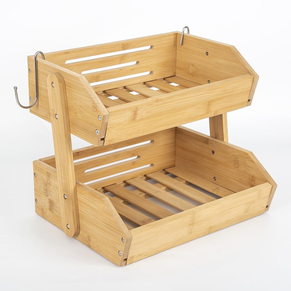 2 Tier Wooden Fruit Basket Bowl Holder, Farmhouse Standing Wooden Display Stand, Bread Vegetables Storage Rack For Kitchen Countertop, Kitchen Storage & Organisation (Natural color)