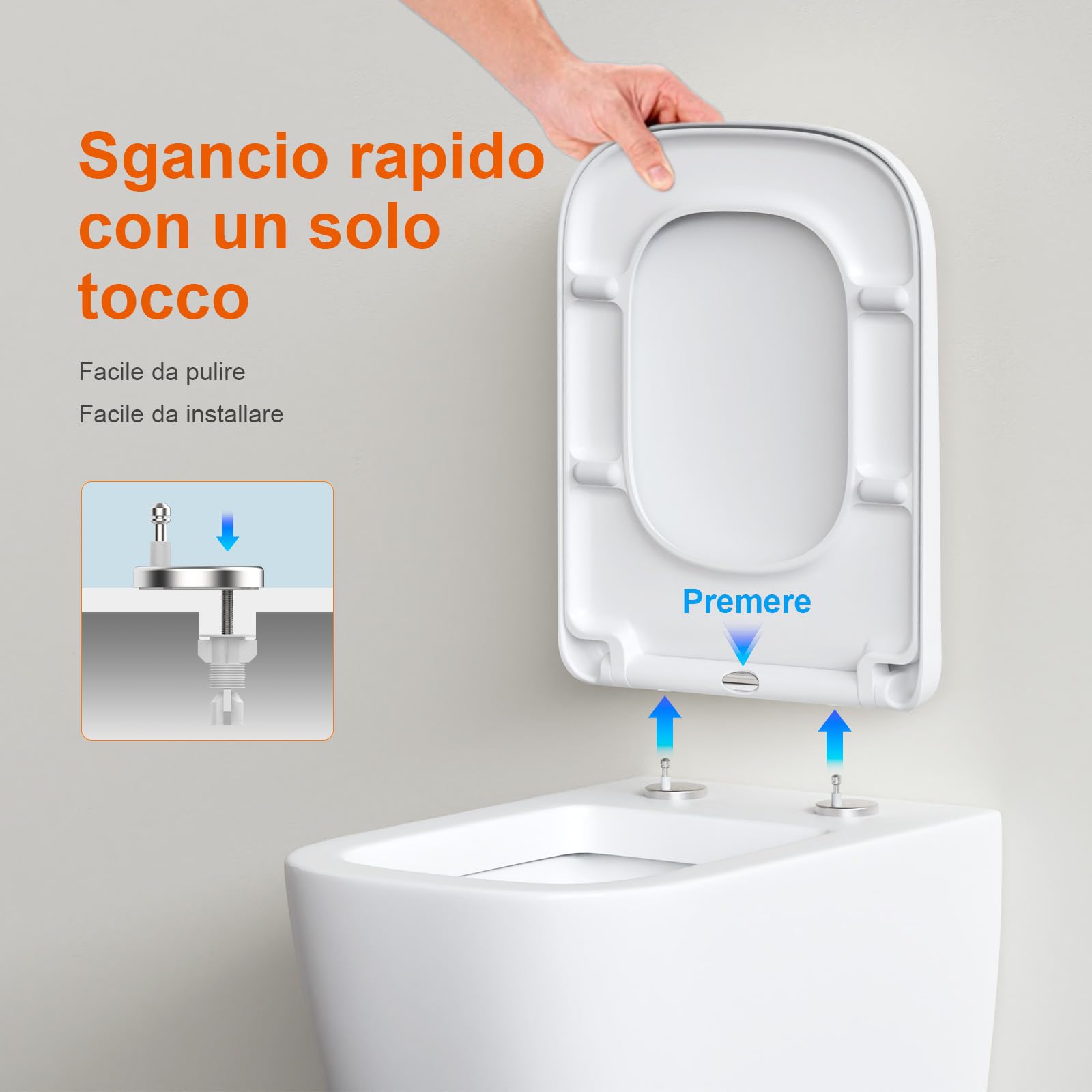 GRIFEMA Copriwater Universali, Tavoletta WC Quadrata con Funzione di Sgancio Rapido, Sedile WC Urea-Formaldeide Materiale Antibatterico, Facile da Pulire, 46.1 * 5.3 * 35.1cm, Bianco