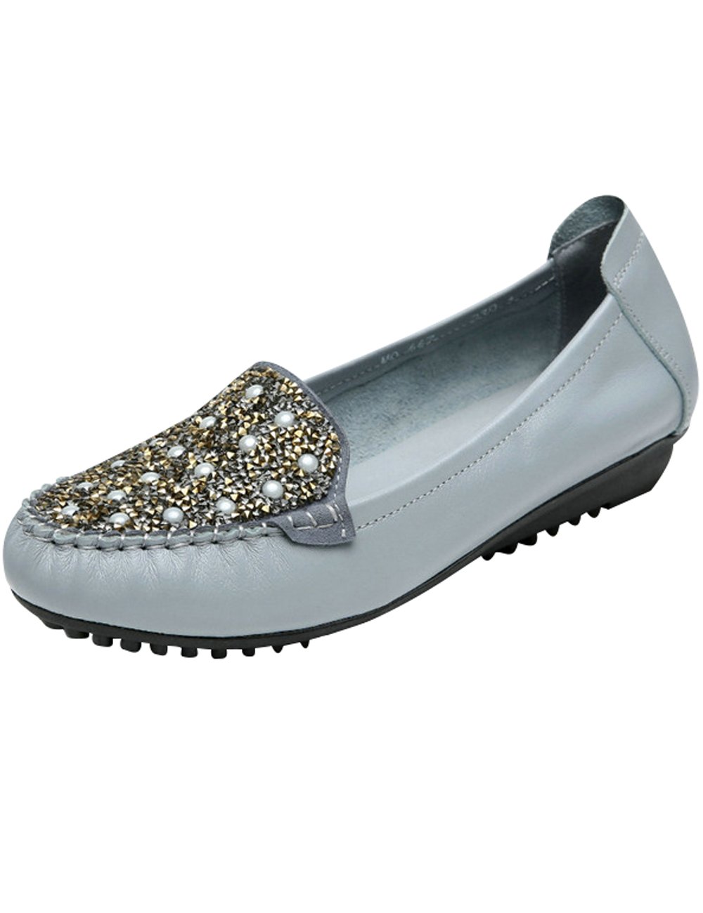 Youlee Women's Bright Diamond Leather Loafer Low Top Flat Shoes