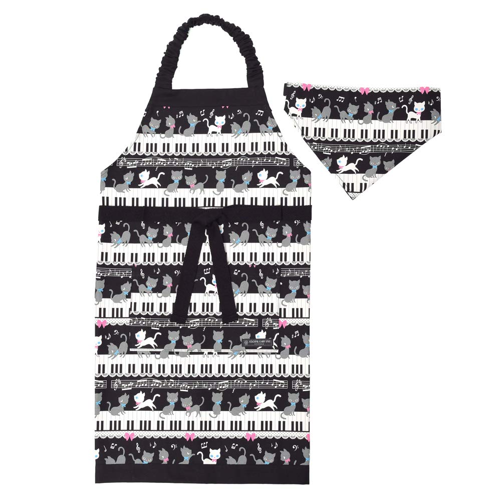 Black Cat Waltz Drawstring Gym Bag - Large Size (38.5x31.5cm), 100% Cotton, Made In Japan, Piano Print Design