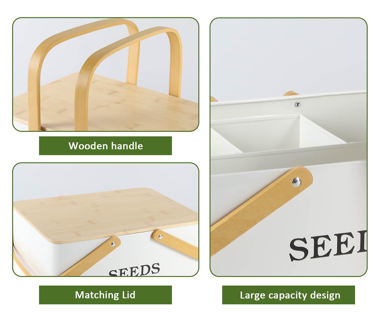 Boîte à semences, boîte de rangement de graines avec couvercle en bois, boîte de rangement en métal avec poignées, boîte de rangement à 4 compartiments, boîte de rangement de semences,