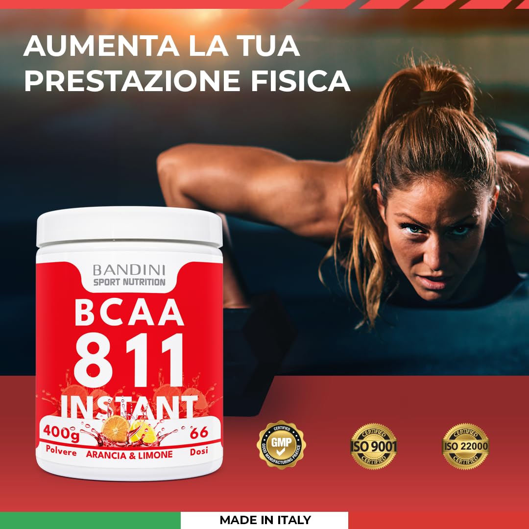 Bandini® BCAA POWDER 8 1 1 integratore di AMINOACIDI RAMIFICATI in rapporto 8:1:1 400 g 100% Vegan - Gusto ARANCIA e LIMONE - Polvere Aromatizzata - per Palestra e Sport Pre Intra e Post Workout
