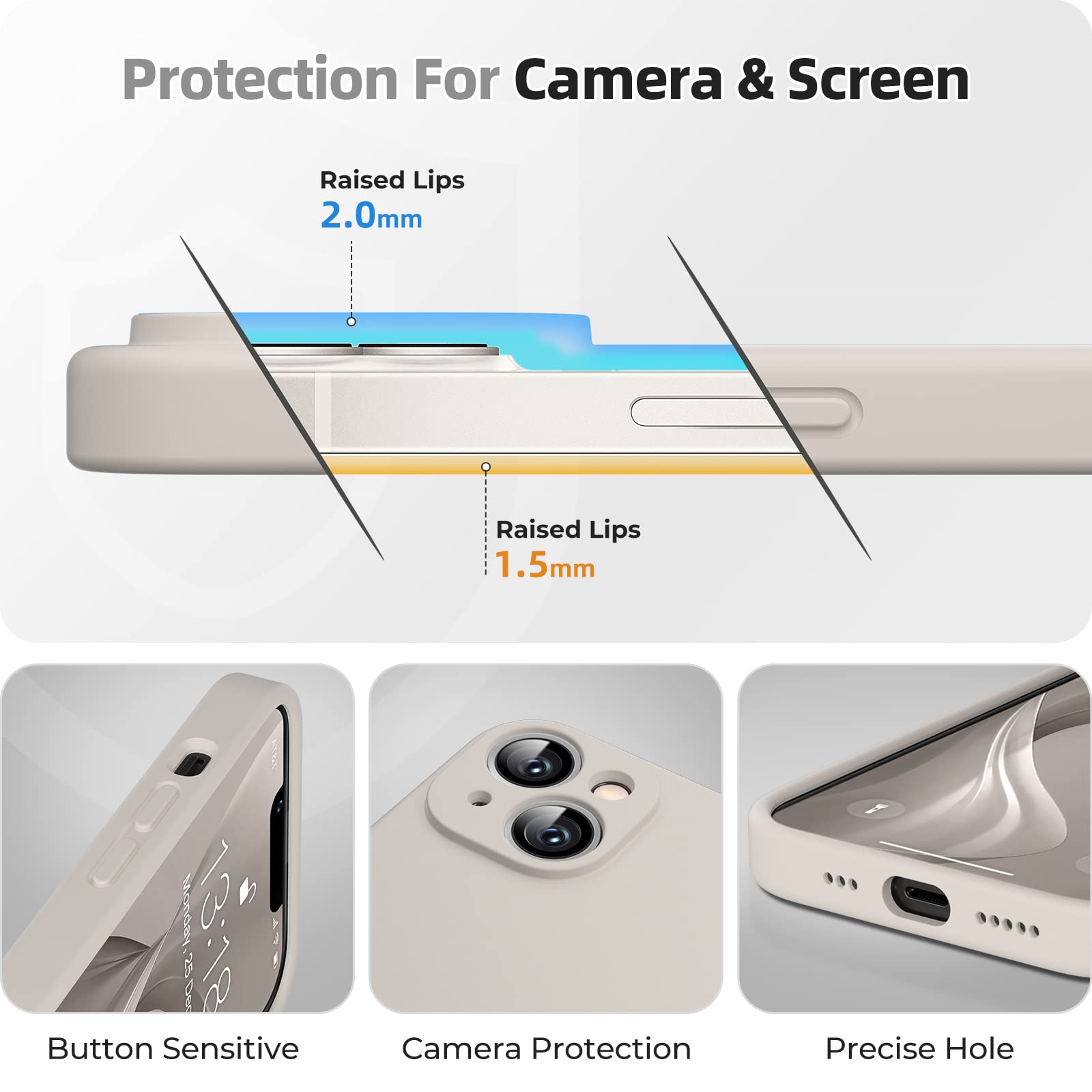 GOODVISH 3 in 1 Cover in Silicone per iPhone 14 6,1'' (2022), con 2 Pezzi di Pellicola Protettiva, Custodia per Cellulare Ultra Sottile Antiurto Resistente Protezione Fotocamera, Grigio Roccia