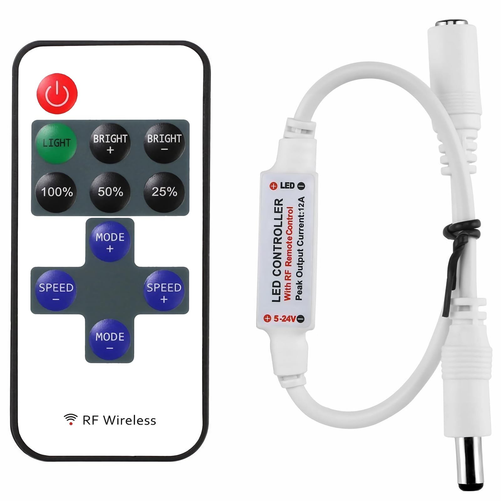 Mini RF Wireless Remote Controller 11-Key with DC Connector for Single Color 3528 5050 LED Strip Lights 12V Under Cabinet Lighting
